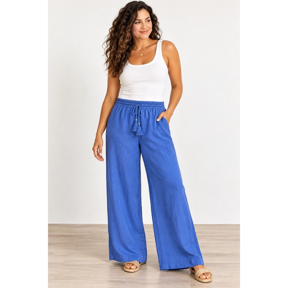 Ellen Tracy Blue Linen Blend Wide Leg Tassel Drawstring Pants Boho Coastal M